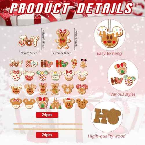 24pcs Gingerbread Christmas Tree Decorations Wood Hanging Ornaments Mouse Joy Pattern Gingerbread Christmas Ornaments for Tree Winter Holiday Hanging Decor Indoor