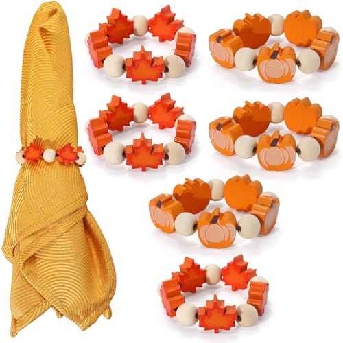 KPOSIYA Fall Napkin Rings Set of 6, Thanksgiving Pumpkin Maple Leaf Napkin Rings for Table Decor, Wooden Napkin Holder Buckle for Holiday, Halloween, Fall Banquet, Home Party, Wedding Supplies