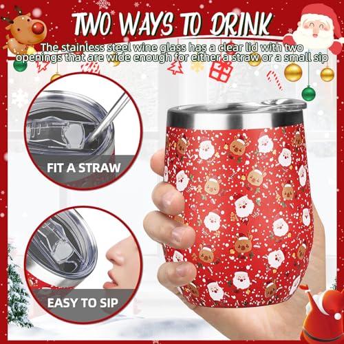 GUDEMAO 1 Pack Christmas Red 12 oz Insulated Stainless Steel Wine Tumbler with Lid & Straw