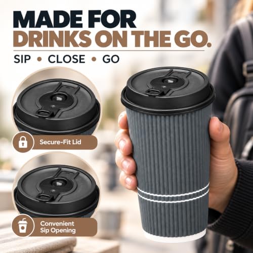 22 oz Disposable Coffee Cups with Lids - Dusk Grey 50 Pack - Hot & Cold Beverage