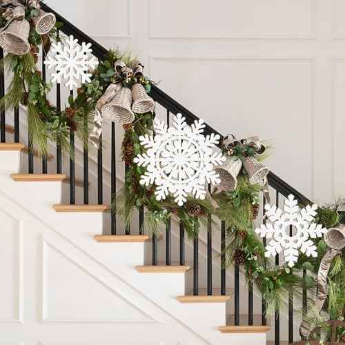 Wooden Large Snowflake Ornaments Sign Christmas Decorations 3Pack, Wood Hollow White Snowflakes Crafts Winter Hanging Plaques Decorations 3 Size of Cutouts New Year Wall Bedroom Living Room Decoration