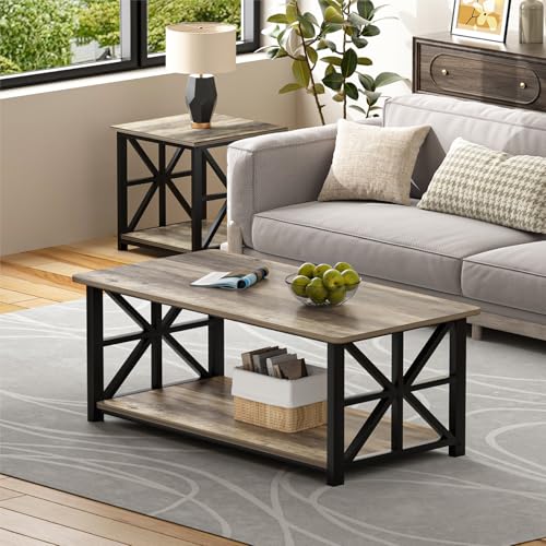 GreenForest Grey Wash Round Corners Coffee Table 39.37 Inch Living Room Accent