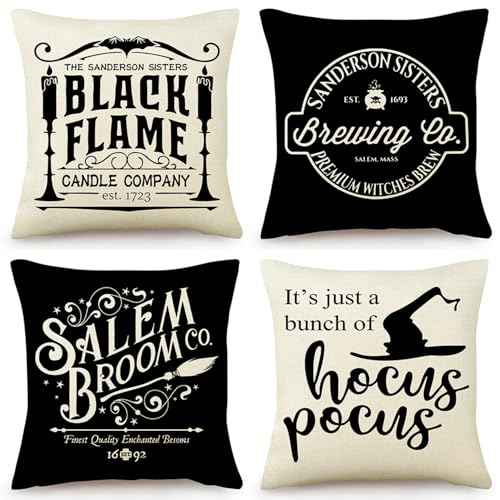 LEIOH Halloween Decorations Pillow Covers 18x18 Set of 4 Halloween Decor Hocus Pocus Farmhouse Saying Fall Decor Pillows for Home Sofa Couch