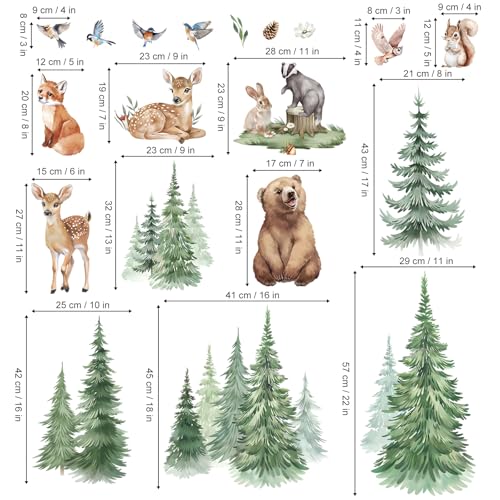 wondever Large Pine Tree Animals Wall Stickers Woodland Animal Bear Deer Fox Peel and Stick Wall Art Decals for Baby Nursery Kids Bedroom Living Room