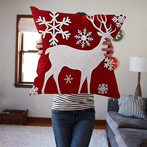 Xmas Throw Pillow Cover Merry Christmas Happy Holidays Baby Its Cold Outside Snowflakes Deer Snowflakes Red Cotton Pillowslip for Sofa Bed Stand Size Pillowcase 24x24 Inch