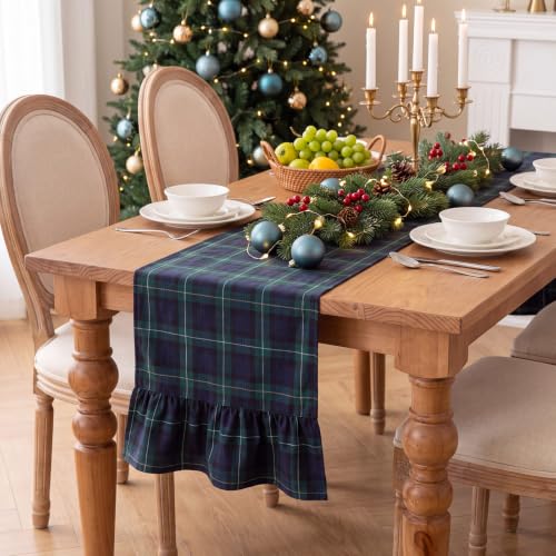 Remagr Blue Green Christmas Tartan Plaid Ruffle Table Runner Set 13x90 Inches, 3 Pieces