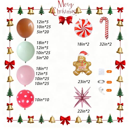 Christmas Balloon Garland Kit with Gingerbread, Candy Cane & Star Foil Balloons - Holiday Party Decor
