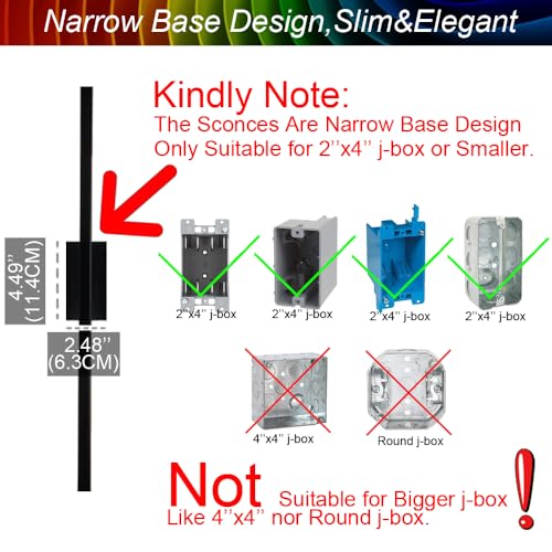 24 Inch Dimmable Wall Sconce Set for Small Junction Box - Black, 2 Pack