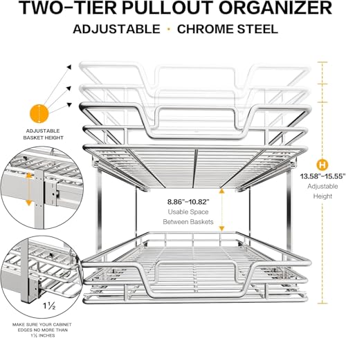 QUYUWU 15" W x 21" D 2-Tier Pull-Out Kitchen Cabinet Shelf Organizer