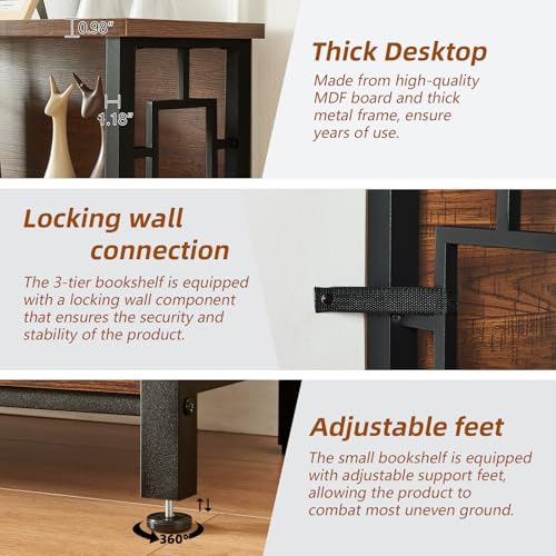 Rustic Brown 3-Tier Deep Book Shelf with Storage - Small Space Living Room & Office