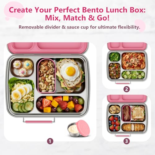Pink Stainless Steel Bento Lunch Box for Kids & Adults, 4 Compartments, Sauce Container