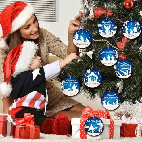 36 Pcs Nativity Scene Christmas Tree Ornaments Wooden Nativity Xmas Tree Hanging Decorations Christian Wooden Ornaments Nativity Scene Accessories for Home Holiday Decor (b)