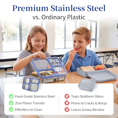 Kids Stainless Steel Lunch Box with 4 Compartments - Leakproof BPA-Free Bento Container, Blue Variation