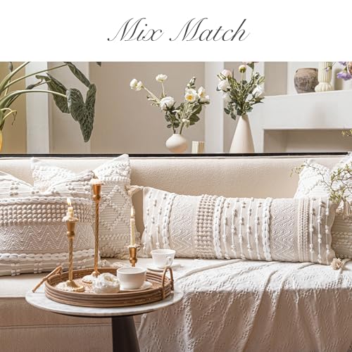Boho Lumbar Throw Pillow Cover 14x36 Cream White - Handmade Accent Cushion
