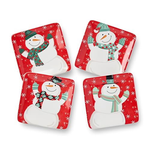 Christmas Whimsy Snowman Set of 4 Canape Plates – 6-Inch Square