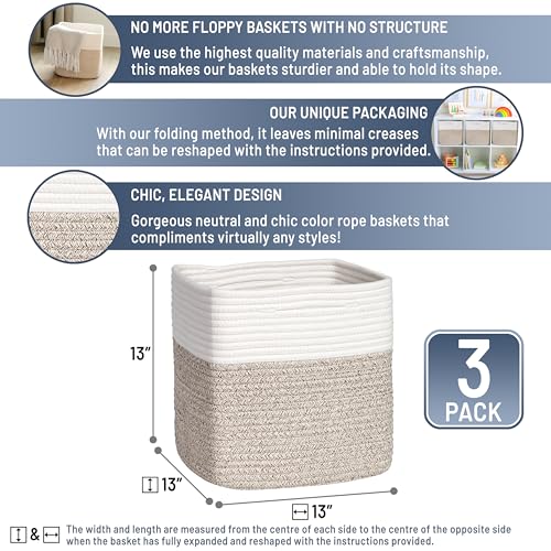 13 Inch Cube Storage Bins - Cotton Rope Woven Baskets for Organizing, 3-Pack, Off White & Mixed Brown