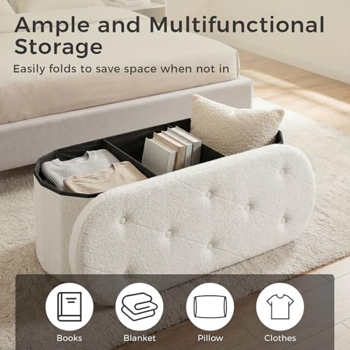 Oval Storage Ottoman Bench - White Teddy Fabric, 43 Inch Variation