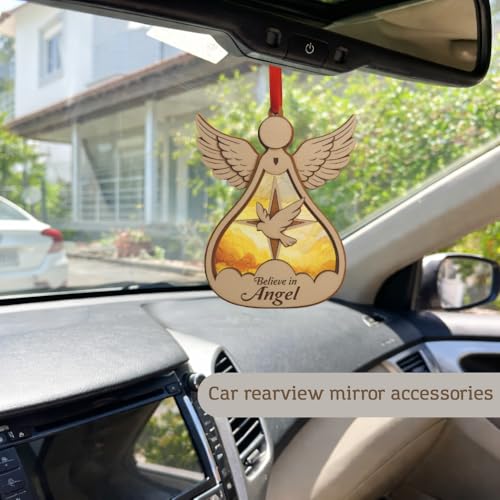 TSIMPLE Angel Ornament for Christmas Tree & Car Rearview Mirror – Religious Holiday Decoration, Double Layer Wood & Acrylic, Holiday Keepsake (Angel Listing)