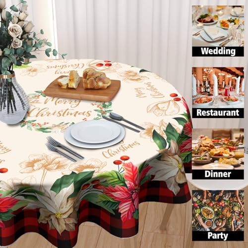 Giwawa 60-Inch Christmas Buffalo Check Plaid Round Tablecloth with Poinsettia Print