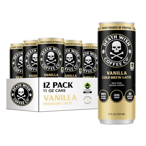 Death Wish Coffee Vanilla Cold Brew Latte 12 Pack - Fair Trade Colombian Coffee, Ready-to-Drink