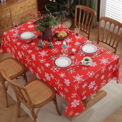 Honellaty Christmas Table Cloth for Rectangle Tables, White Snowflake Print Wipe Clean Vinyl Tablecloth, Red Waterproof PVC Plastic Table Cover for Indoor, Outdoor, Holiday Party Use 60 x 120 Inches