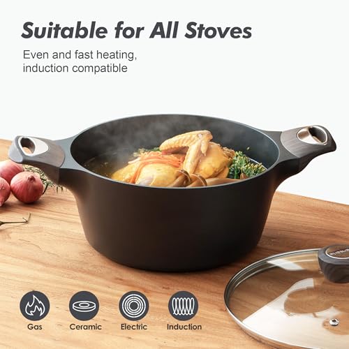 Nonstick Stock Pot with Lid - 8.5 QT, Black, SGS Approved, Induction Compatible