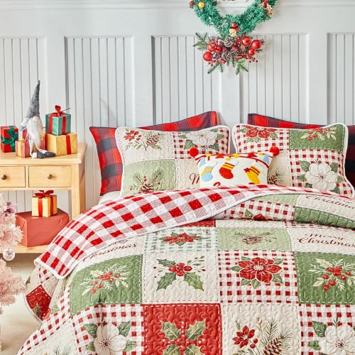 Christmas Patchwork Quilt Set Twin Size - 2 Pieces Green Red Plaid Bedding