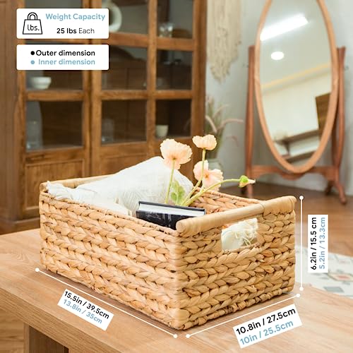 Large Water Hyacinth Wicker Storage Basket - Natural Home Organizer 15.5"L x 10.8"W x 6.2"H
