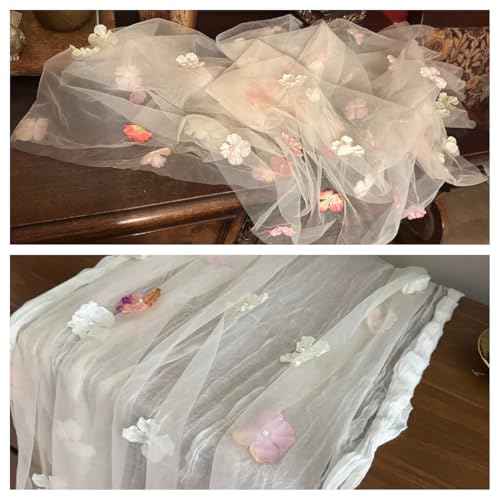 Romantic Artificial Floral Table Runner 10ft Gauze Tulle Lace Table Runner Set for Wedding Baby Shower Bridal Shower Holiday Kitchen Dining Table Decoration for Home Party Special Occasion