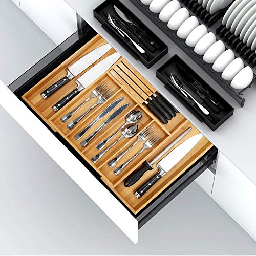 VaeFae Natural Bamboo Silverware Drawer Organizer, 7 Slots, Adjustable