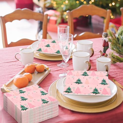Christmas Paper Napkins Pink Green Xmas Tree Disposable Party Hand Towels 100 Pack