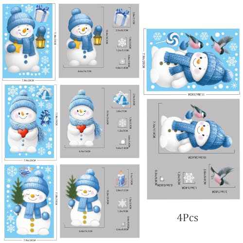 Christmas Window Stickers Cute Snowman Snowflake Window Clings Decals Reusable Double Sided Static Clings Window Clings for Glass Windows for Winter Christmas Decorations 4 Sheet