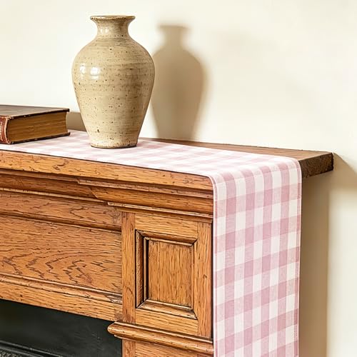 Alsoo Pink 90" x 13" Gingham Table Runner - Farmhouse Cotton Linen Decor