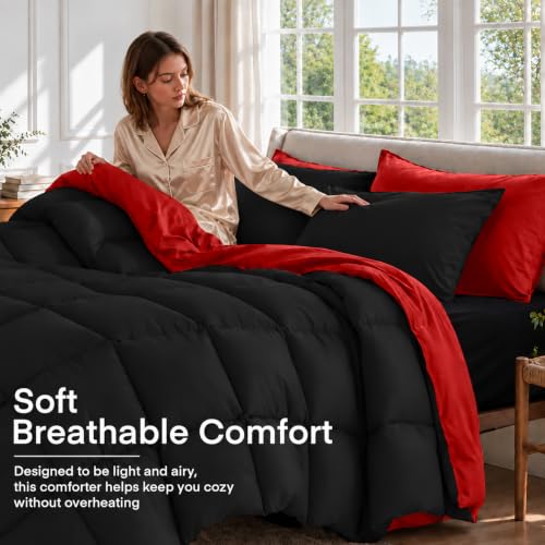 Anluoer Queen Comforter Set 7 Pieces, Reversible Black & Red Grid Bed in a Bag