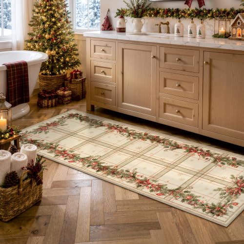 Lahome Beige 2x6 Christmas Runner Rug with Plaid & Pine Boughs