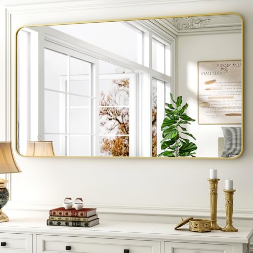 Gold Rectangular Bathroom Mirror - 30x48 Inch Wall-Mounted Vanity Mirror - Rounded Corners