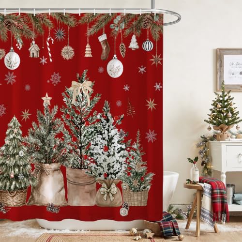 Baccessor Christmas Shower Curtain 72x72 Inches Red Pine Tree Holiday Bathroom Decor