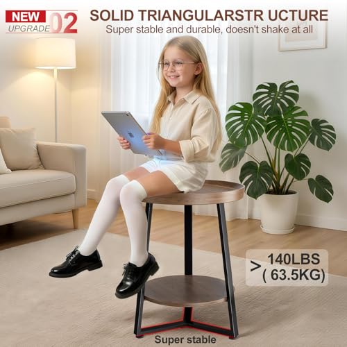 Walnut 2-Tier Round End Table with Storage Shelf, Child-Safe Tray Top, Modern Farmhouse Design, Small Space Couch Side Table