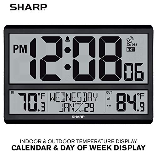 Sharp Atomic Clock with 4-Inch Display, Outdoor Sensor, Battery