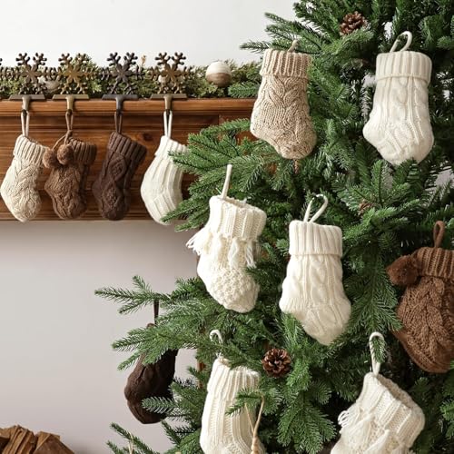 Farmhouse Knitted Christmas Stockings 7 Inch White Beige Brown 12 Pack