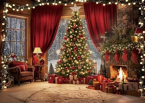 Christmas Backdrop Winter Xmas Tree Fireplace Interior Room Window