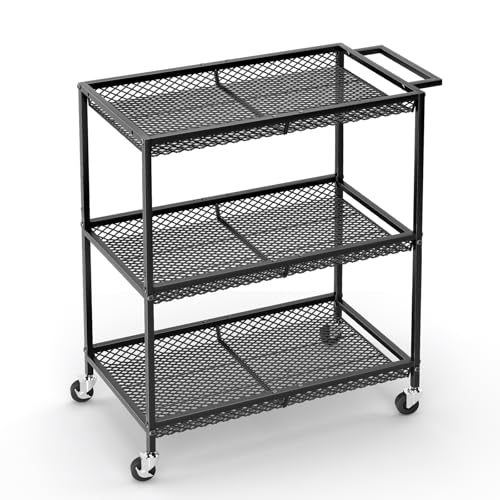 ThreeHio Black 3-Tier Heavy Duty Rolling Kitchen Cart with Locking Wheels
