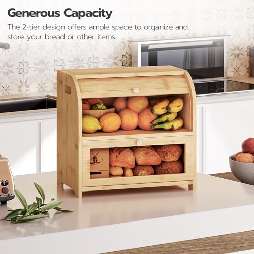 HOOBRO Bread Box, Bamboo Box for Kitchen Countertop, 2 Tier Roll-Top