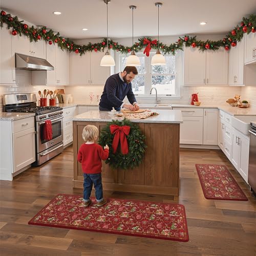 GENIMO Christmas Kitchen Rugs Set 2PCS Waterproof Anti-Fatigue Floor Mats, Red, 17.3x59 & 17.3x30 Inches