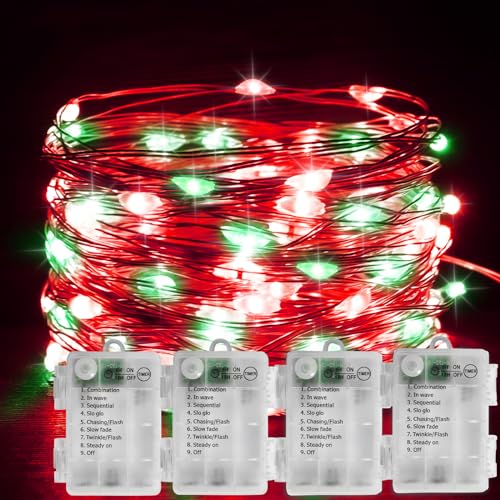 Yayfazy 4Pack Battery-Operated Red & Green Christmas Fairy Lights 400LED 131ft Copper Wire Indoor Outdoor Decoration