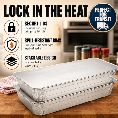 Full Size Deep Steam Aluminum Foil Pan with Lids - 21x13x3 Inches, 10 Pack