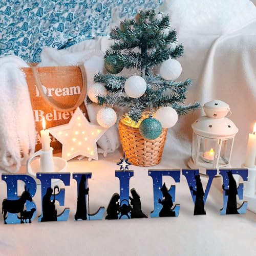 Believe Nativity Scene Wooden Sign - Christmas Tabletop Decor
