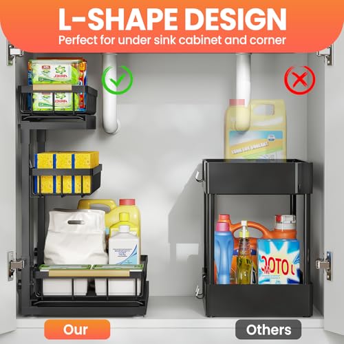 Under Sink Organizer 2 Pack - 3 Tier Adjustable Bathroom & Kitchen Storage - Black