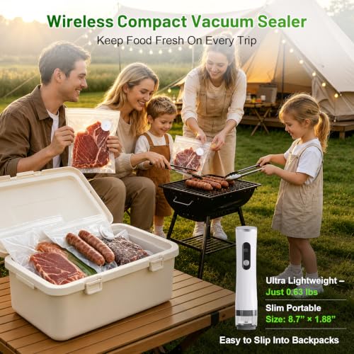 White Handheld Vacuum Sealer for Food Preservation, 65kPa Suction, Reusable Bags