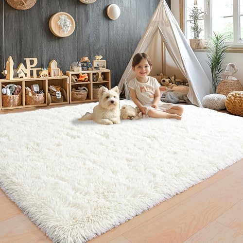 Awaytail Cream White 9x12 Area Rug - Super Fluffy Shag Carpet for Living Room & Bedroom